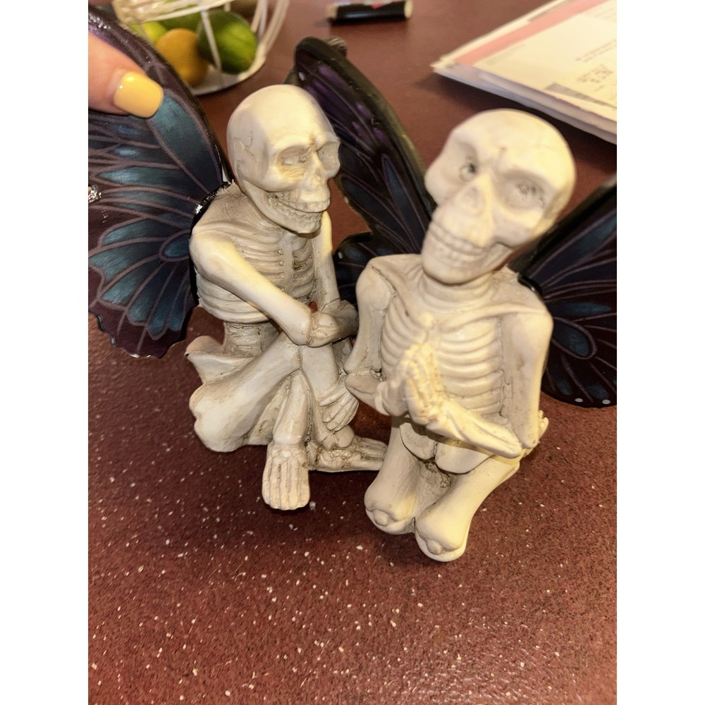 Set Of Two Skeleton Fairy Figurine With Purple & Blue Wings - Resin - 6" Tall